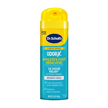 Odor-X athlete's foot medicated liquid spray bottle with yellow cap, liquid spray.