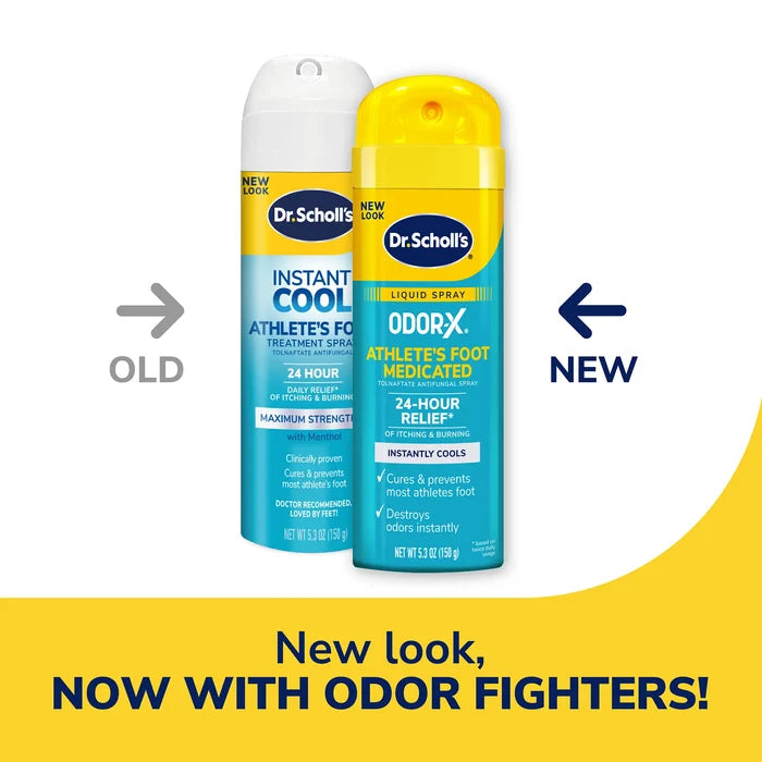 Odor-X athlete's foot liquid spray bottles shown side by side with yellow caps.