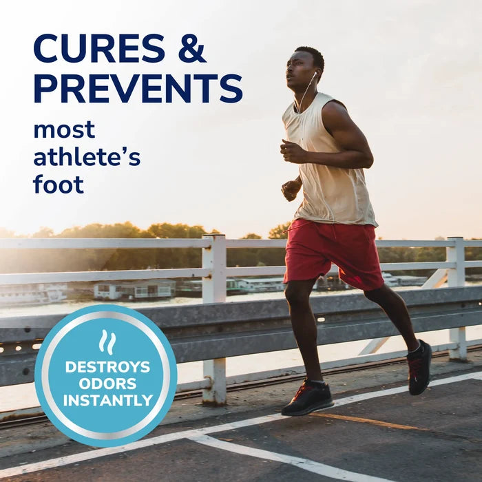 Athlete's foot medicated spray cures and prevents on-screen benefits graphic.