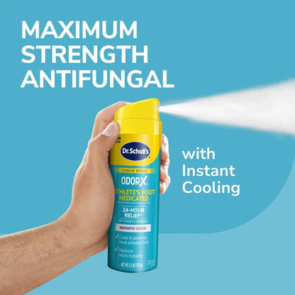 Dr. Scholl's Odor-X athlete's foot medicated liquid spray bottle in hand.