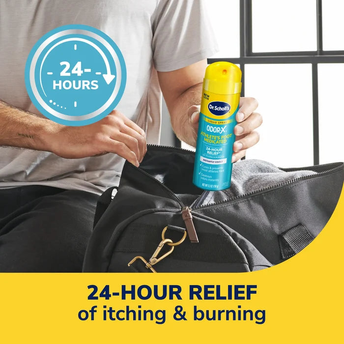 Athlete's foot medicated liquid spray bottle held next to bag, 24-hour relief badge.
