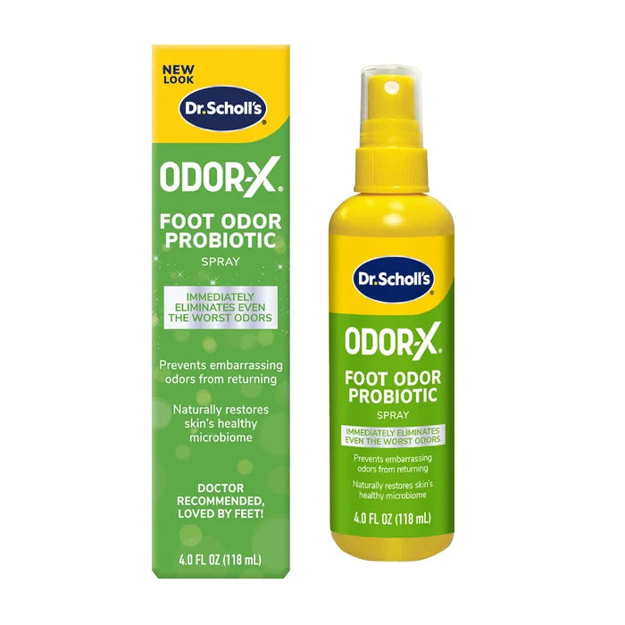Dr.Scholl's Odor-X foot odor probiotic spray bottle with yellow pump and product box