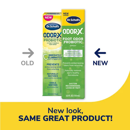 Dr.Scholl's Odor-X foot odor probiotic spray old vs new package: box and bottle