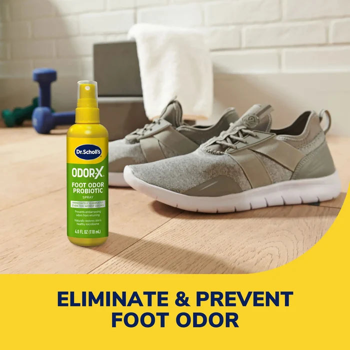 Dr.Scholl's Odor-X foot odor probiotic spray bottle beside gray sneakers