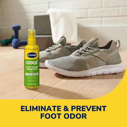 Dr.Scholl's Odor-X foot odor probiotic spray bottle beside gray sneakers