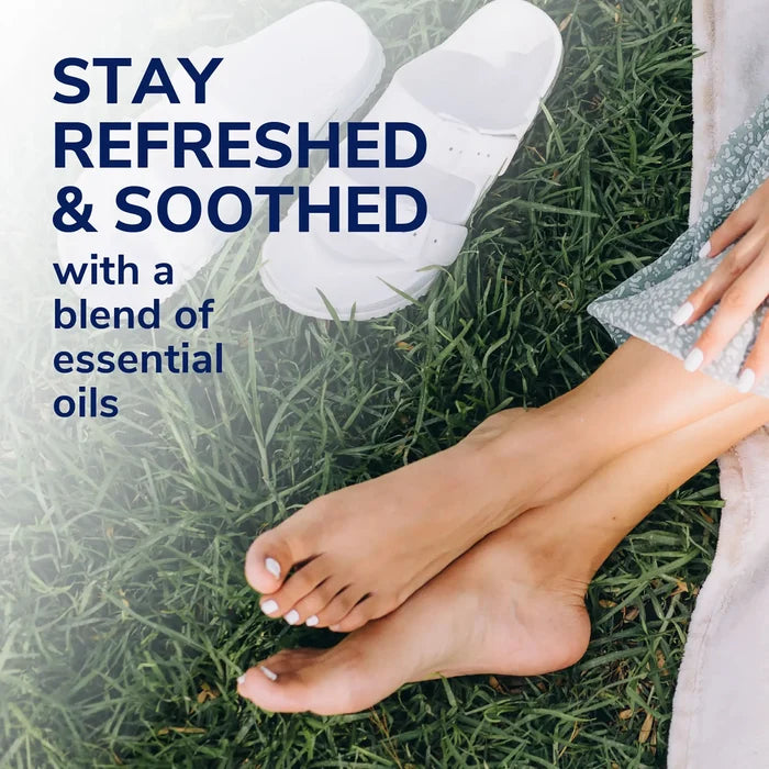 Foot odor probiotic spray promotional scene with bare feet on grass