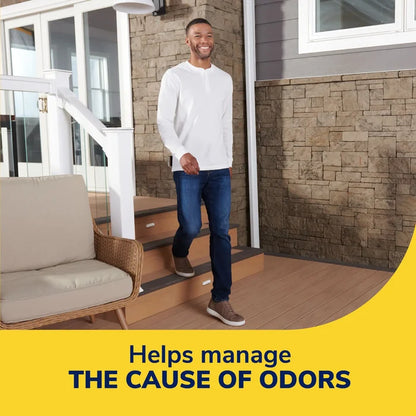Foot odor probiotic spray promotional scene of a smiling person on a patio