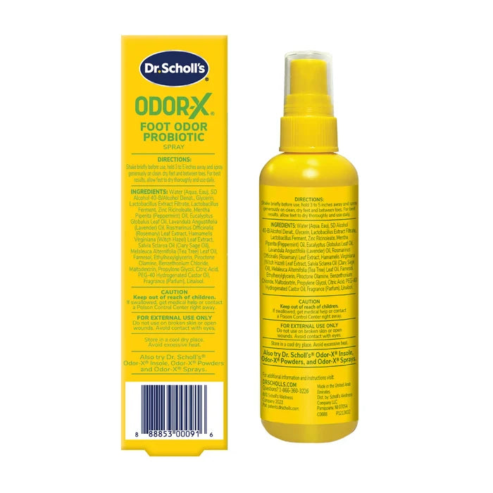 Dr.Scholl's Odor-X foot odor probiotic spray bottle and carton back labels