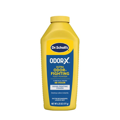 Odor-X Ultra odor-fighting foot powder bottle with yellow cap