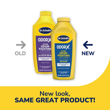 Two Odor-X Ultra odor-fighting foot powder bottles side by side