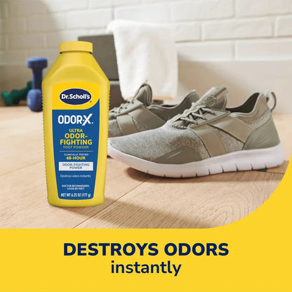 Odor-X Ultra odor-fighting foot powder bottle next to gray sneakers on a floor