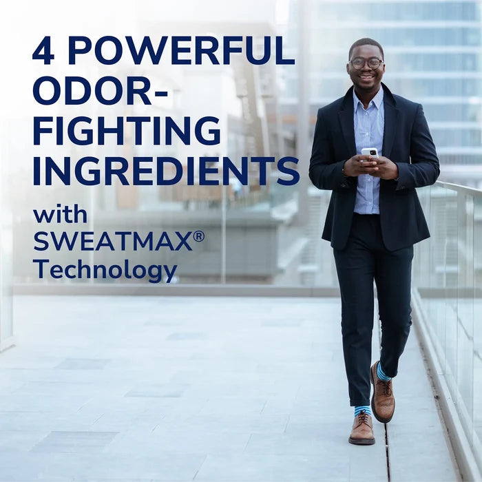 Odor-fighting foot powder ad featuring a man walking down a building corridor
