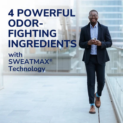 Odor-fighting foot powder ad featuring a man walking down a building corridor