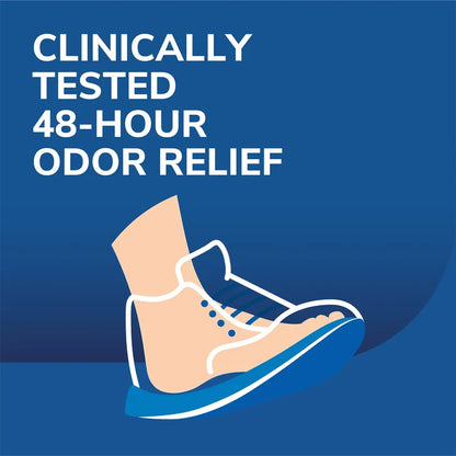Blue graphic showing foot and shoe icon for 48-hour odor relief