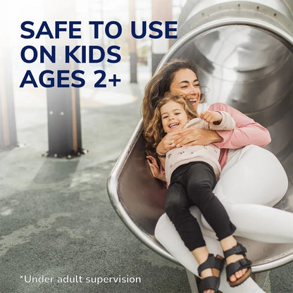 Family-friendly safety ad: smiling mother and child on a slide