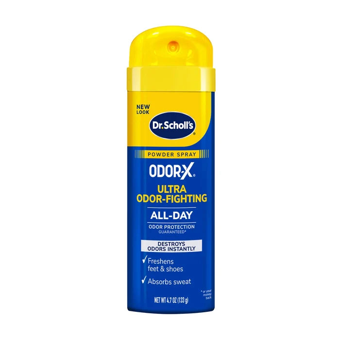 Dr. Scholl's Odor-X Ultra odor-fighting powder spray bottle, yellow cap and blue label
