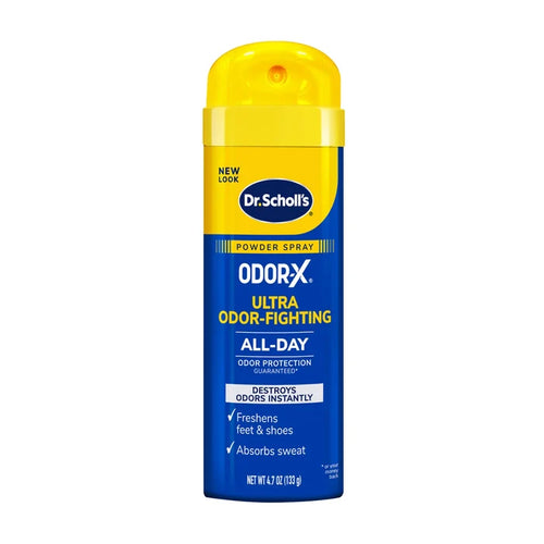 Dr. Scholl's Odor-X Ultra odor-fighting powder spray bottle, yellow cap and blue label