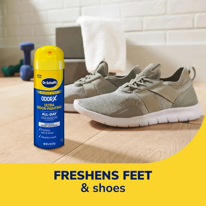 Odor-X Ultra powder spray beside gray sneakers, yellow cap and blue label
