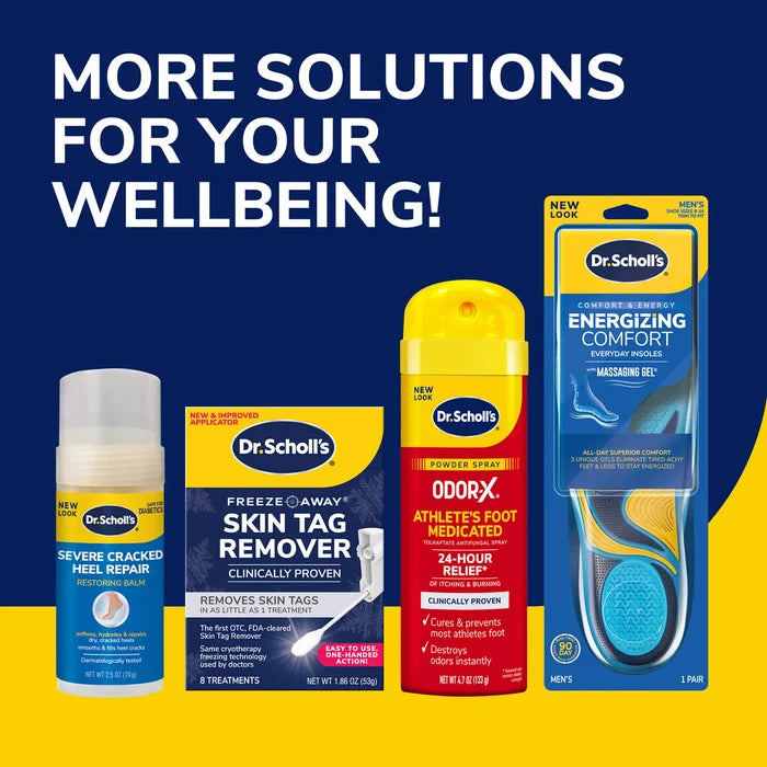 Odor-X Ultra powder spray shown with Dr. Scholl's shoe care product lineup