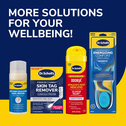 Odor-X Ultra powder spray shown with Dr. Scholl's shoe care product lineup