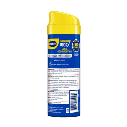 Dr. Scholl's Odor-X Ultra powder spray bottle back label, yellow cap and blue can