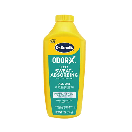 Odor-X Ultra Sweat-Absorbing Foot Powder bottle, yellow with flip-top cap