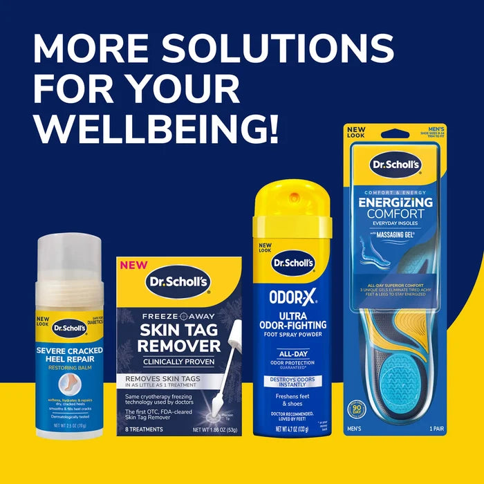 Odor-X Ultra Odor-Blocking Foot Powder bottle shown with other Dr. Scholl's products