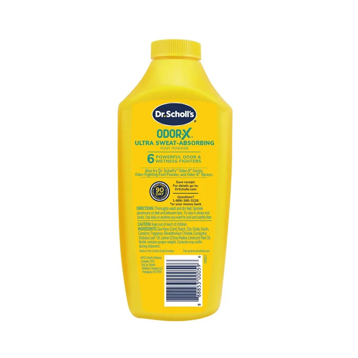 Odor-X Ultra Sweat-Absorbing Foot Powder bottle back label, yellow
