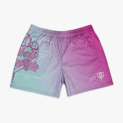 Gradient shorts transitioning from light blue to pink, with a big Baseball Lifestyle Ice cream logo on a white background