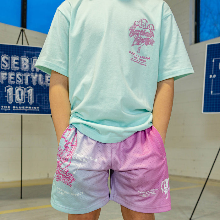 Person wearing a light blue t-shirt and gradient pink - blue shorts with a BL101 logo in an indoor setting.