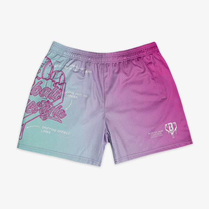 Gradient shorts transitioning from light blue to pink, with a big Baseball Lifestyle Ice cream logo on a white background