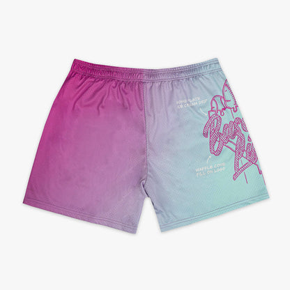 Gradient shorts transitioning from pink to blue with 'Homeplate ice cream drip' and 'Waffle cone fill on logo' texts on a white background