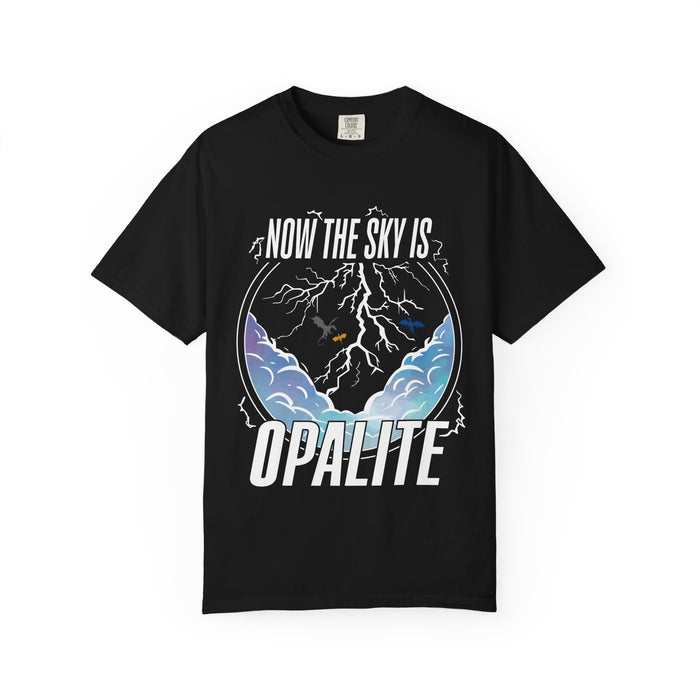 Black Comfort Colors graphic tee from thtgrlreads featuring a vintage-inspired lightning and cloud design with bold white "Now the sky is Opalite" text, part of The Life of a Book Bestie collection.