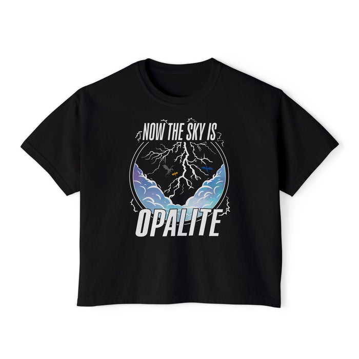 thtgrlreads officially licensed crop top from The Life of a Book Bestie collection featuring a black Comfort Colors base with a vintage wash and bold graphic print with lightning and clouds text reading "Now the sky is Opalite