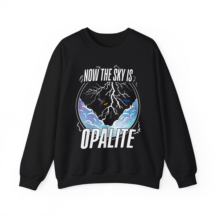 Thtgrlreads oversized crewneck sweatshirt from The Life of a Book Bestie collection featuring a vintage-wash black Comfort Colors base with a bold graphic of stormy clouds, lightning, and text reading "Now the sky is Opalite.