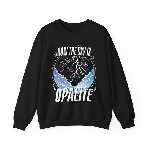 Thtgrlreads oversized crewneck sweatshirt from The Life of a Book Bestie collection featuring a vintage-wash black Comfort Colors base with a bold graphic of stormy clouds, lightning, and text reading "Now the sky is Opalite.