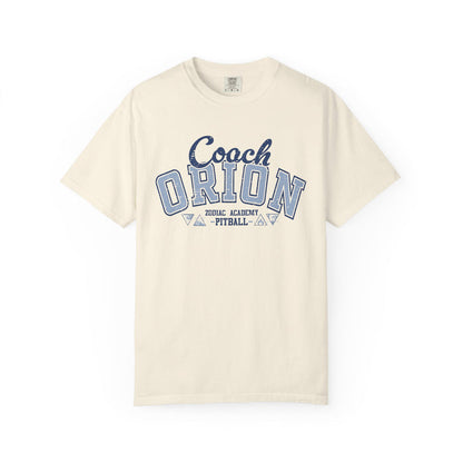 Vintage-wash Comfort Colors graphic tee from thtgrlreads featuring a “Coach Orion” varsity-style print, part of the Zodiac Academy collection unisex tees with premium soft fabric.