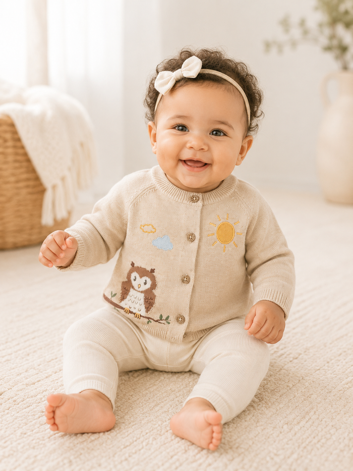 Baby Girl Wearing Owl Embroidered Knit Baby Cardigan, Organic Cotton by Viverano
