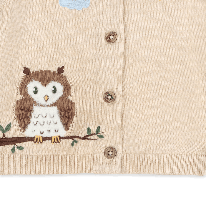 Organic Cotton Owl Embroidered Knit Baby Cardigan, Embroidery Detail