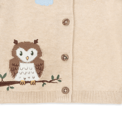 Organic Cotton Owl Embroidered Knit Baby Cardigan, Embroidery Detail