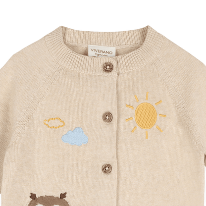Organic Cotton Owl Embroidered Knit Baby Cardigan, Button Detail