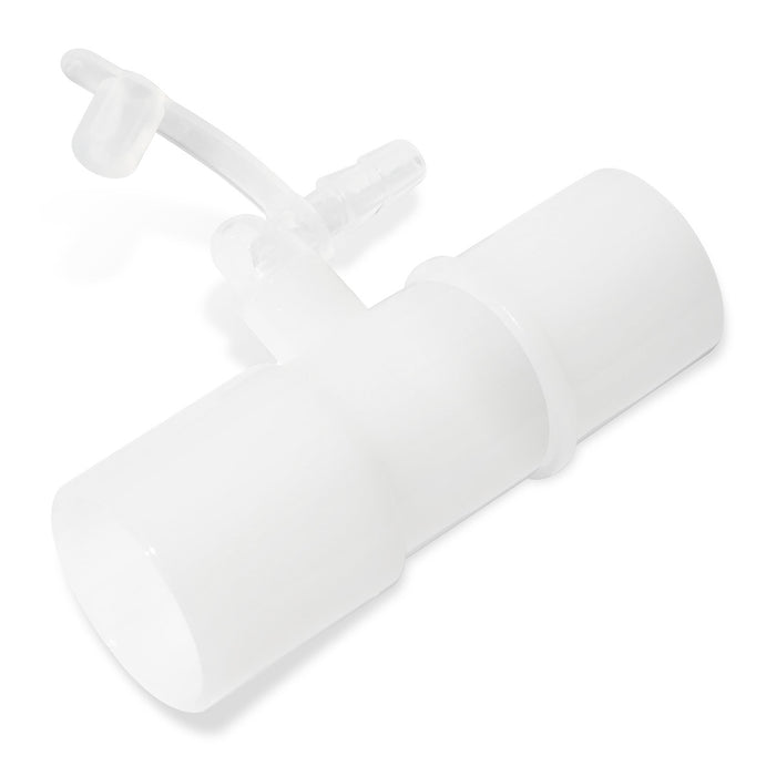 A white oxygen enrichment connector adapter designed for CPAP and BiPAP machines.