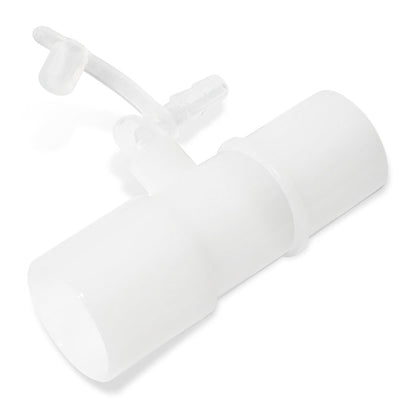 A white oxygen enrichment connector adapter designed for CPAP and BiPAP machines.