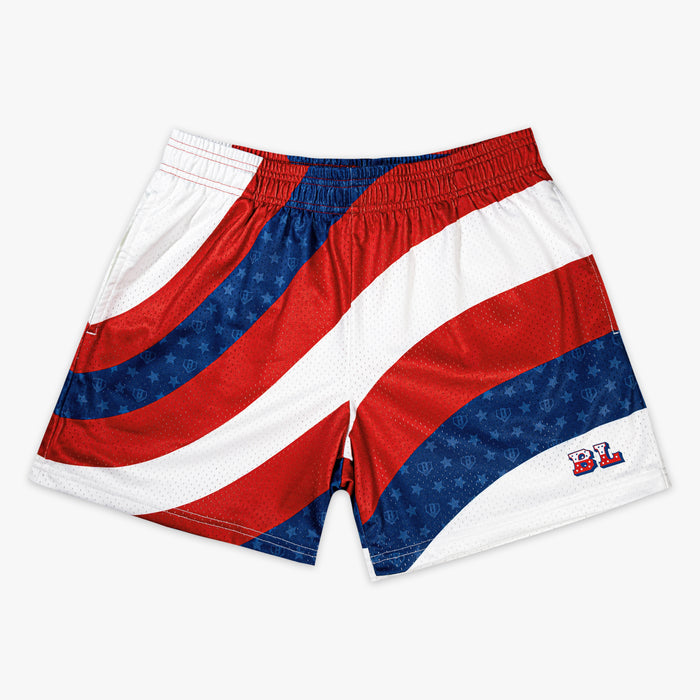 Red white and blue mesh shorts with bold diagonal flag-inspired stripe colorblock design and star allover pattern and BL logo on lower right leg on white background
