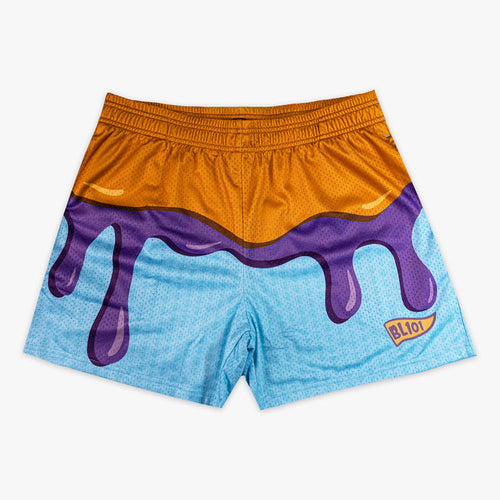 Flat lay of BL101 PB&J mesh shorts on a white background, showing the peanut butter gold waistband and dripping jelly design.