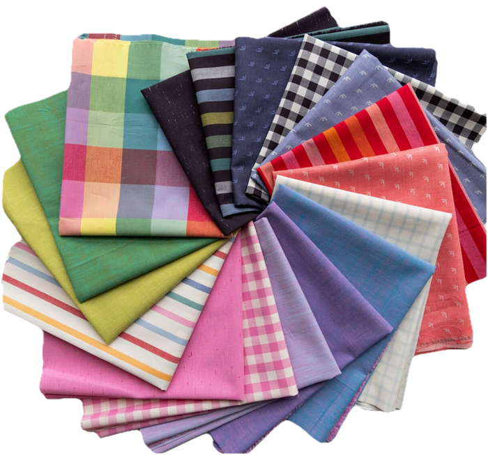 Collection of colorful fabric swatches arranged in a circular pattern on a white background. Picnic Wovens collection by Suzy Quilts for Art Gallery Fabrics available at globalfibershop.com.