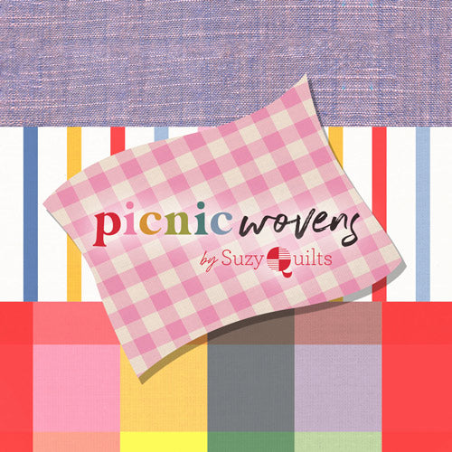 Checkered fabric with 'picnic wovens by Suzy Quilts' text on a colorful background