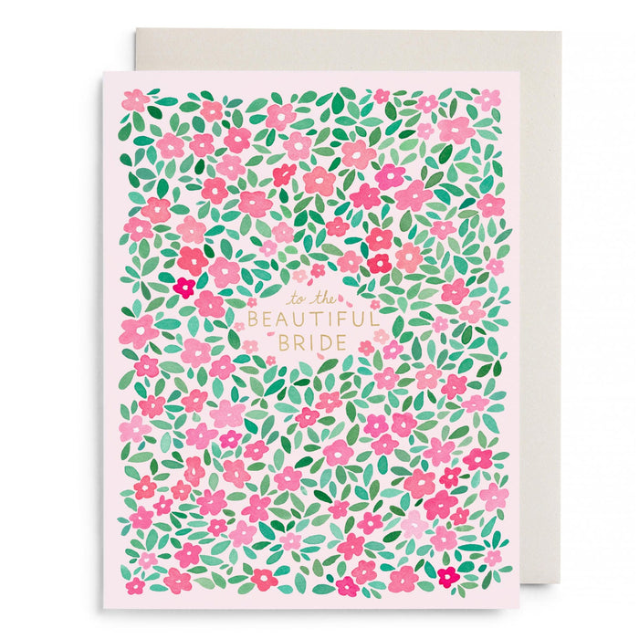 Bridal greeting card with pink floral leaves and “to the beautiful bride” text.