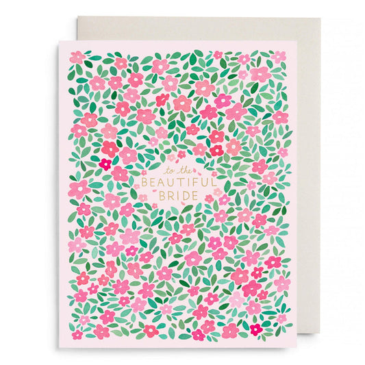 Bridal greeting card with pink floral leaves and “to the beautiful bride” text.