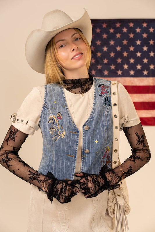 Pinstripe Embroidered Denim Vest